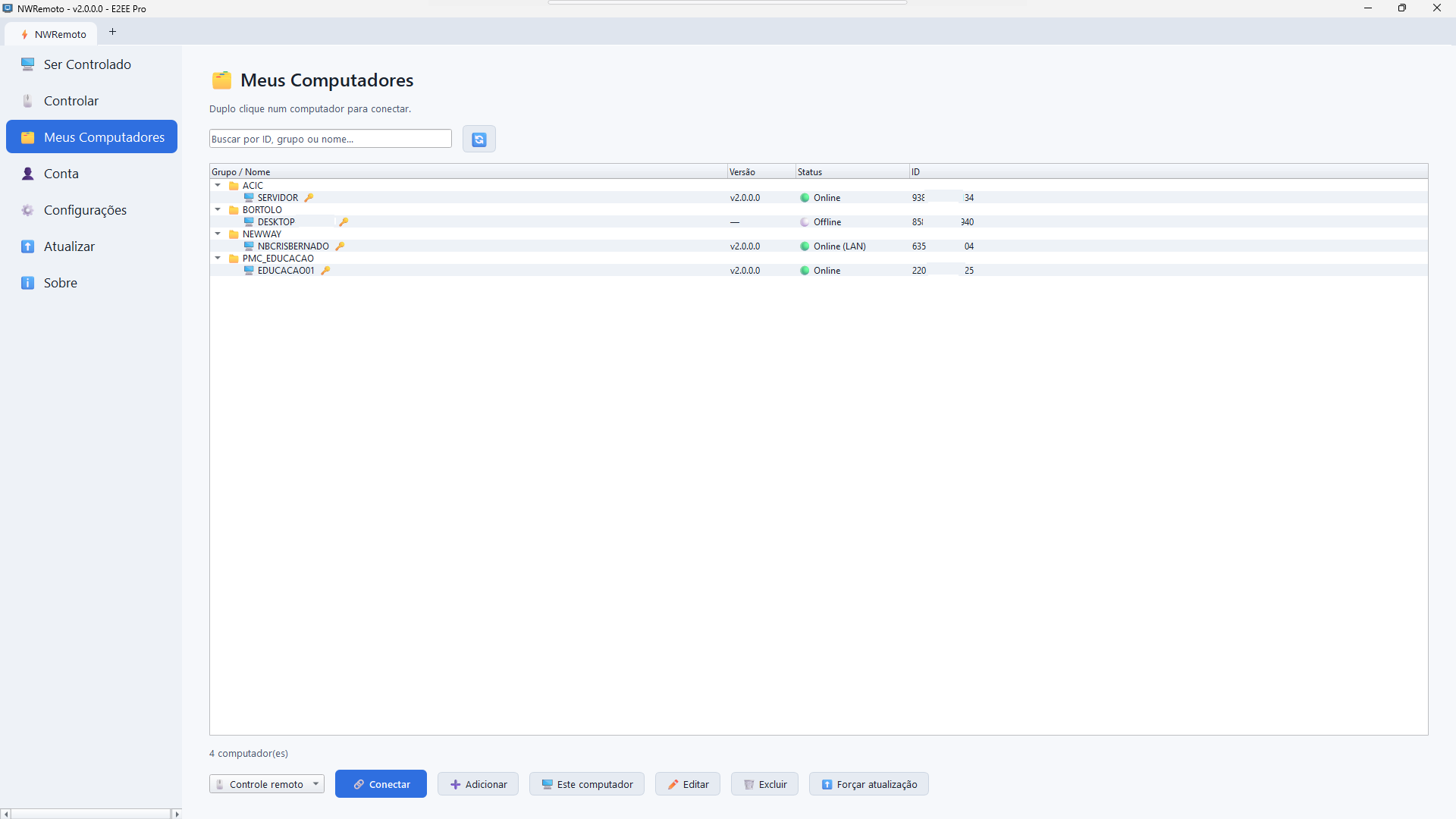 Lista Meus Computadores do NWRemoto, com os computadores agrupados e o status online ou offline de cada um